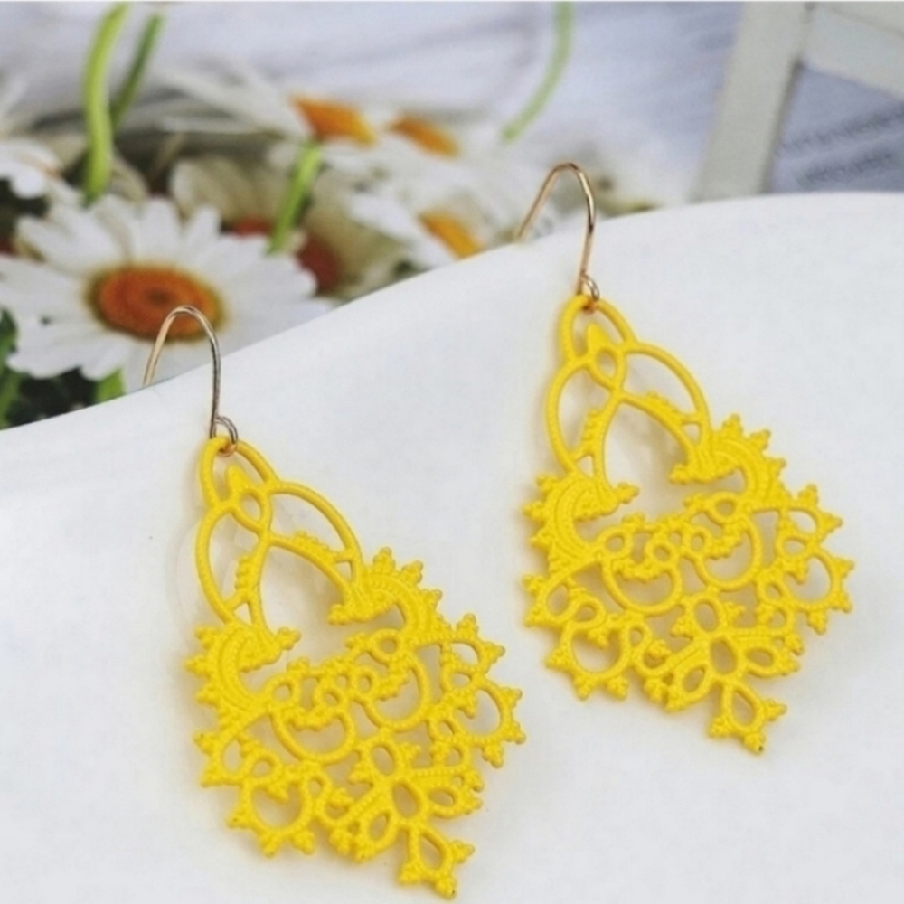 Yellow Filigree Lace Drop Earrings - Women Jewelry